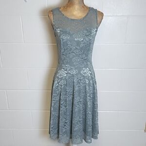 Fit & Flair A-line Silvery Grey Soft Lace Midi Dress for Special Occasion Lined